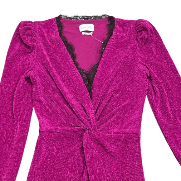 SAYLOR Kiersey Magenta Twist Front Long Sleeve Midi Dress Lace V-Neck XS New - Picture 8 of 14